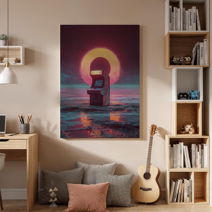 Retro Arcade Machine Canvas Wall Art, Synthwave Sunset Gaming Canvas Decor, Vaporwave Ocean Arcade Artwork, 80s Neon Gamer Wall Art