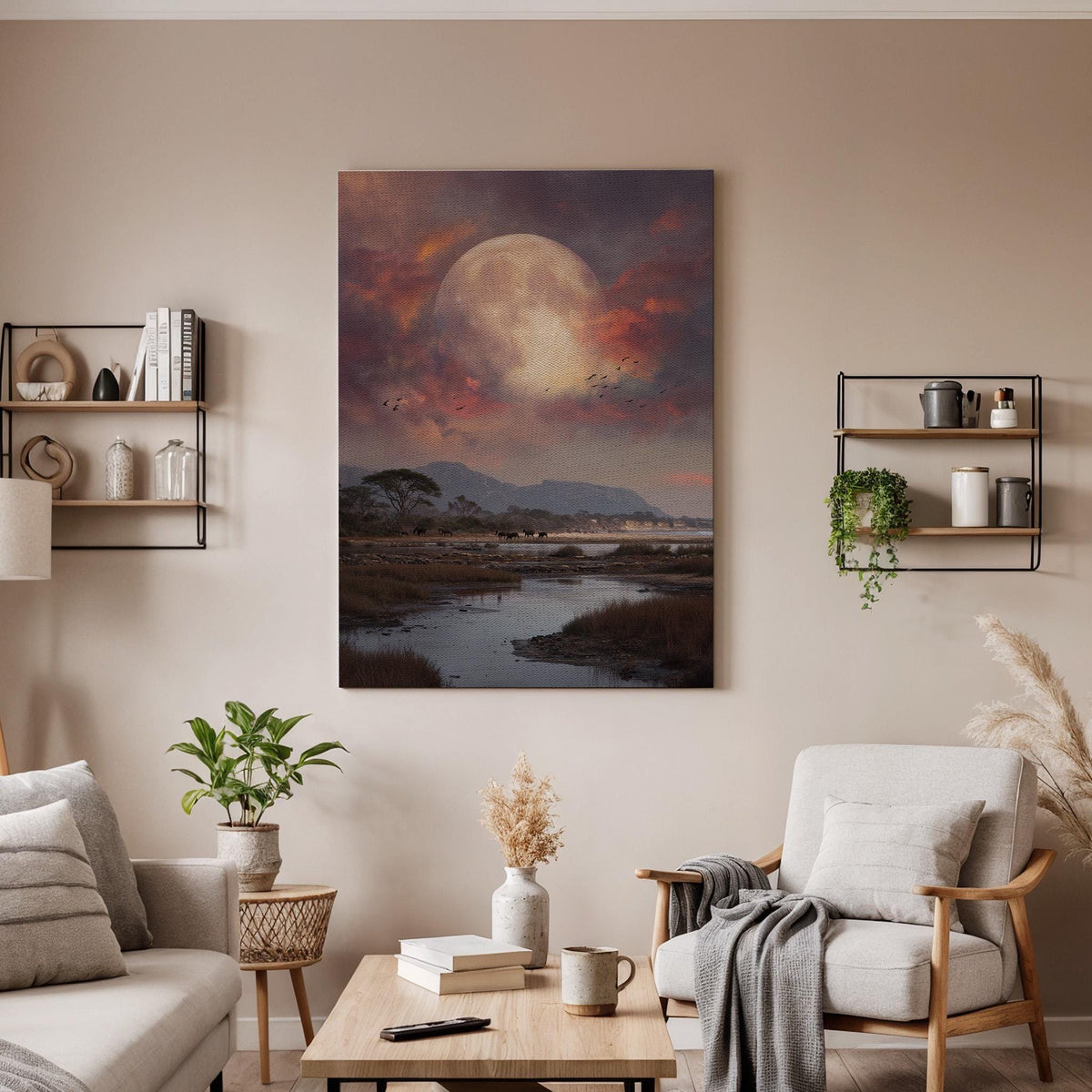 Savanna Moon Landscape Canvas Wall Art, African Sunset Wildlife Canvas Decor, Safari Nature Painting, Dramatic Moon Sky Artwork, Home Decor