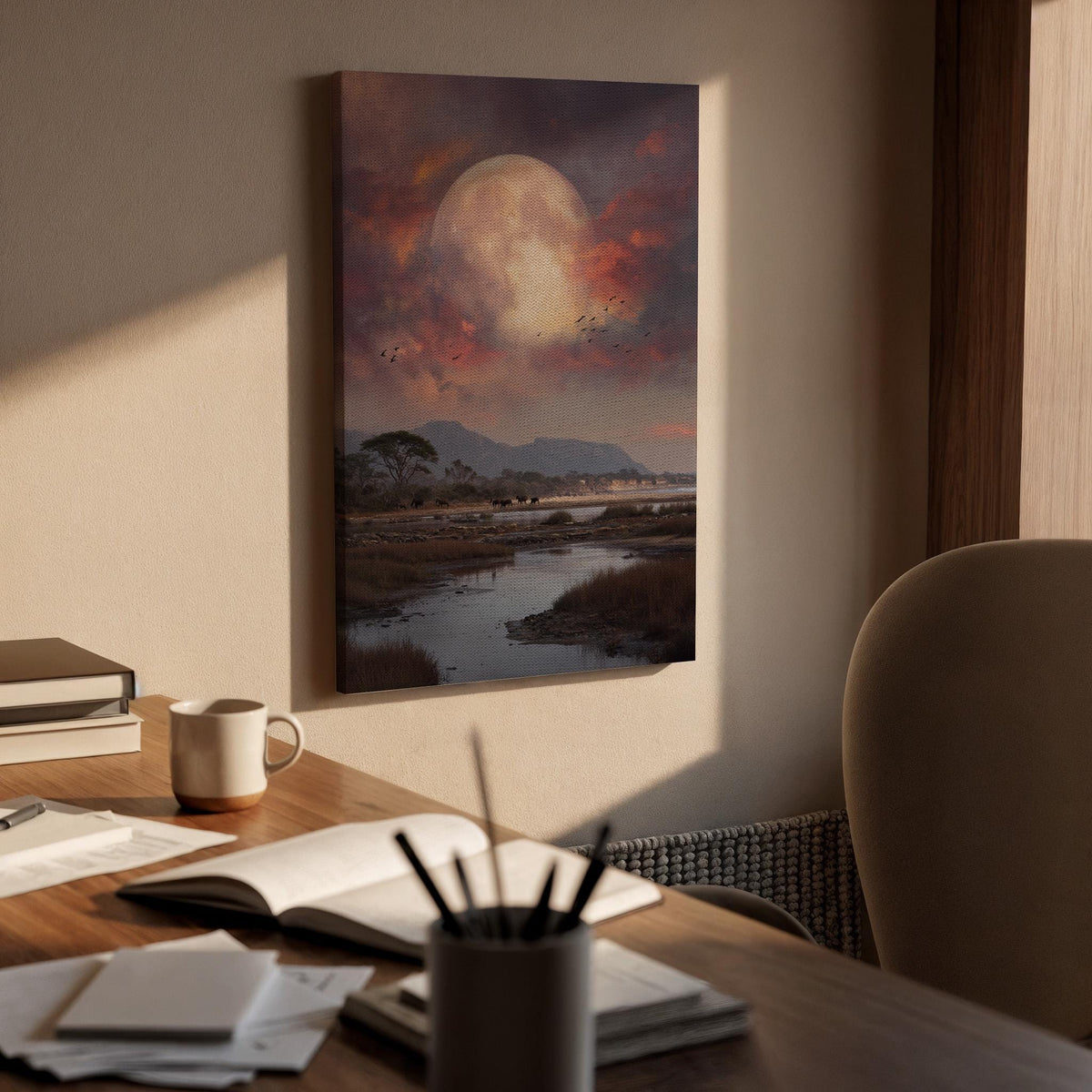 Savanna Moon Landscape Canvas Wall Art, African Sunset Wildlife Canvas Decor, Safari Nature Painting, Dramatic Moon Sky Artwork, Home Decor