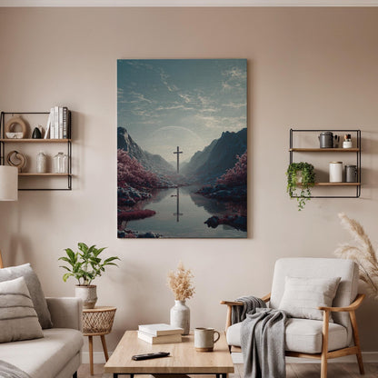 Christian Cross Canvas Wall Art, Faith Landscape Canvas Decor, Spiritual Mountain Cross Artwork, Religious Reflection Wall Art, New Home Art