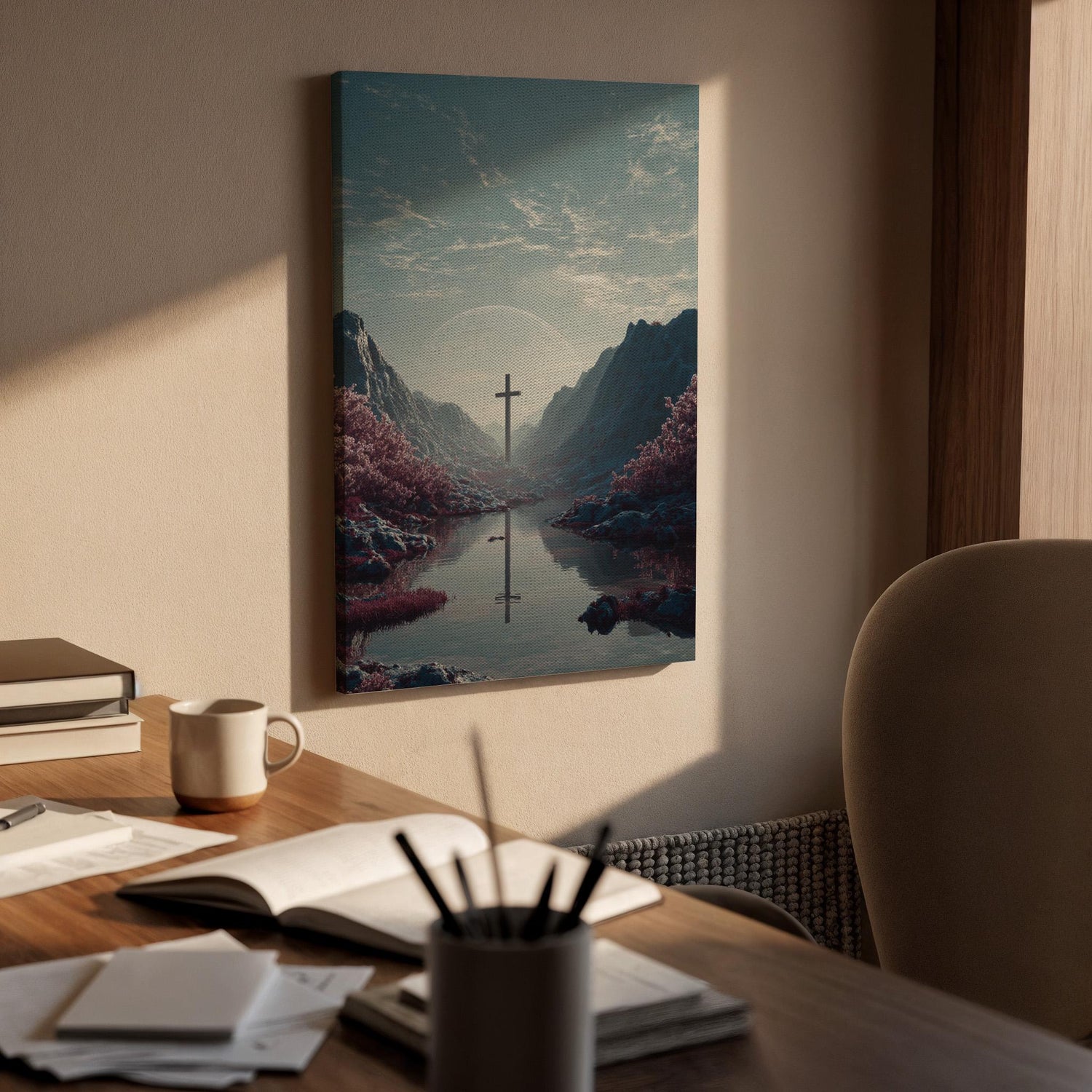 Christian Cross Canvas Wall Art, Faith Landscape Canvas Decor, Spiritual Mountain Cross Artwork, Religious Reflection Wall Art, New Home Art