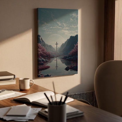 Christian Cross Canvas Wall Art, Faith Landscape Canvas Decor, Spiritual Mountain Cross Artwork, Religious Reflection Wall Art, New Home Art