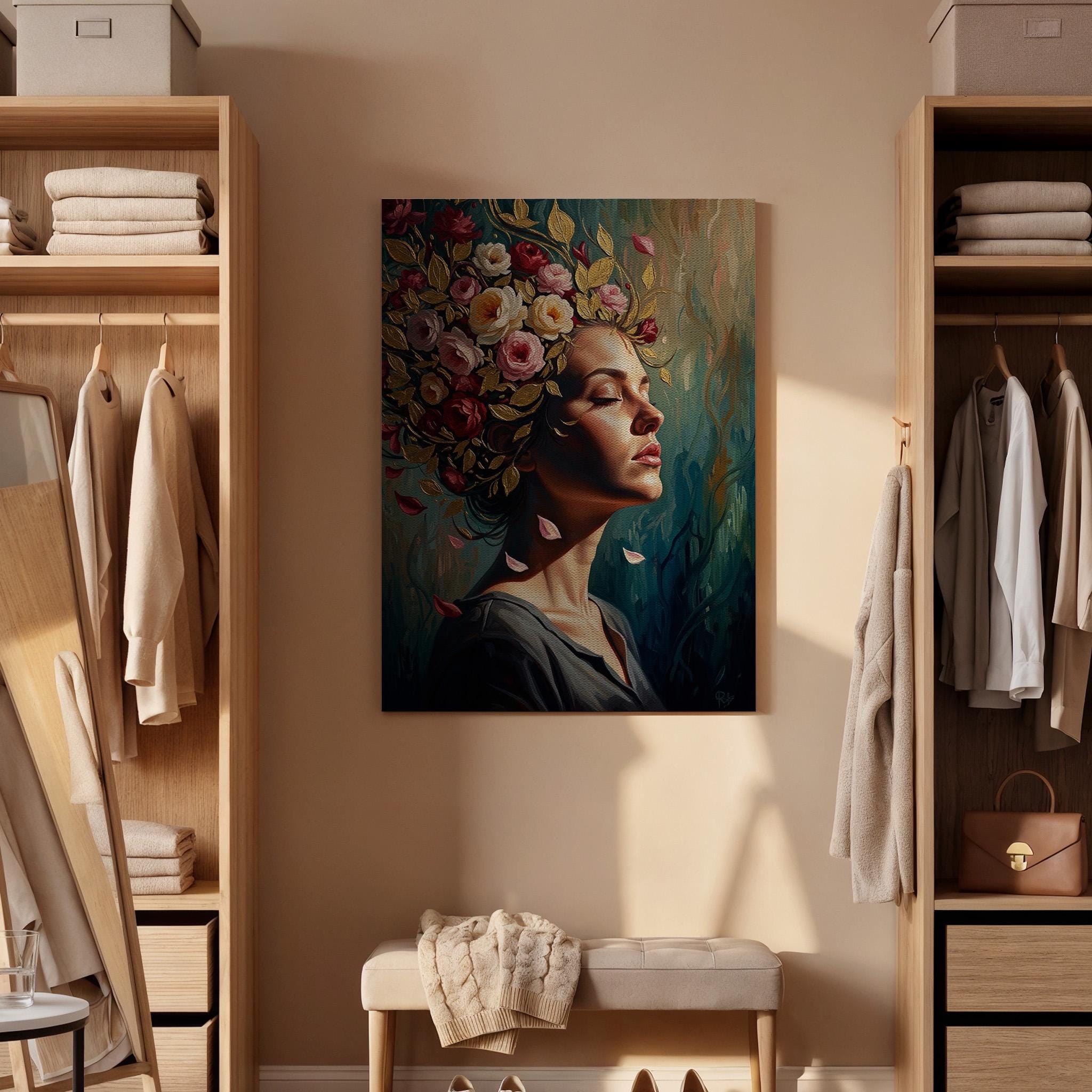 Floral Woman Portrait Canvas Wall Art, Botanical Female Portrait Canvas Decor, Elegant Flower Crown Artwork, Artistic Feminine Wall Art