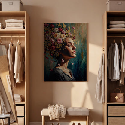 Floral Woman Portrait Canvas Wall Art, Botanical Female Portrait Canvas Decor, Elegant Flower Crown Artwork, Artistic Feminine Wall Art
