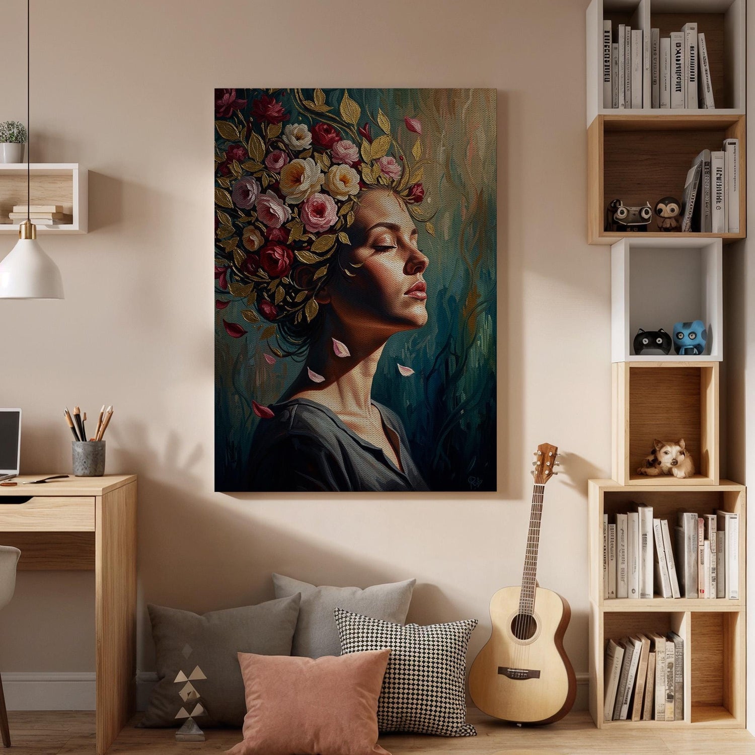 Floral Woman Portrait Canvas Wall Art, Botanical Female Portrait Canvas Decor, Elegant Flower Crown Artwork, Artistic Feminine Wall Art