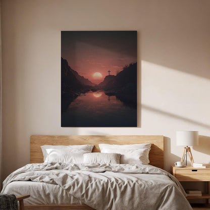 Christian Cross Canvas Wall Art, Sunset Faith Landscape Canvas Decor, Spiritual Mountain Lake Artwork, Religious Christian Wall Art