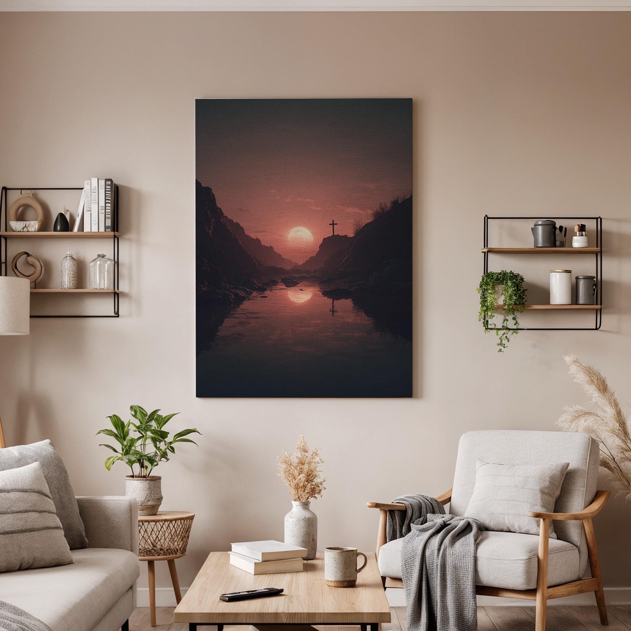 Christian Cross Canvas Wall Art, Sunset Faith Landscape Canvas Decor, Spiritual Mountain Lake Artwork, Religious Christian Wall Art