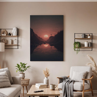 Christian Cross Canvas Wall Art, Sunset Faith Landscape Canvas Decor, Spiritual Mountain Lake Artwork, Religious Christian Wall Art