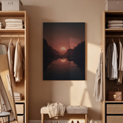 Christian Cross Canvas Wall Art, Sunset Faith Landscape Canvas Decor, Spiritual Mountain Lake Artwork, Religious Christian Wall Art