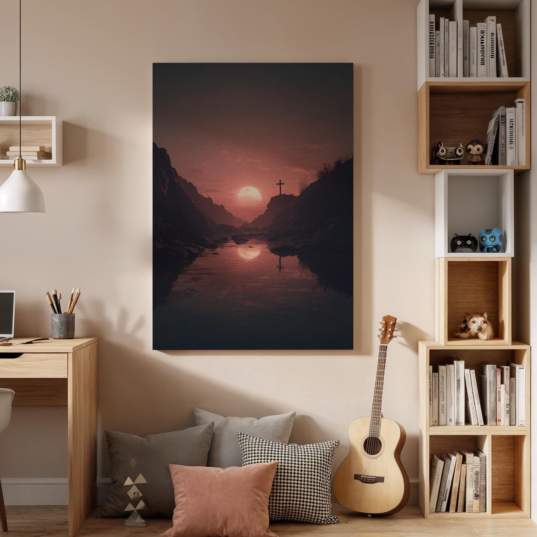 Christian Cross Canvas Wall Art, Sunset Faith Landscape Canvas Decor, Spiritual Mountain Lake Artwork, Religious Christian Wall Art