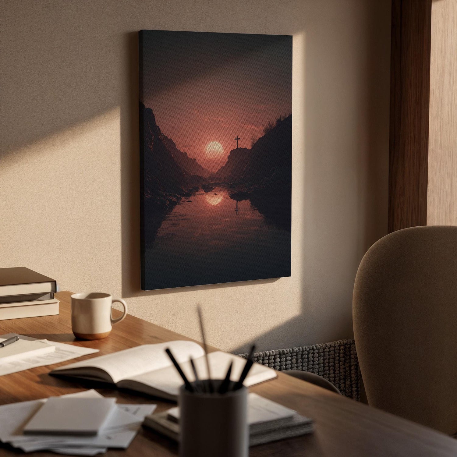 Christian Cross Canvas Wall Art, Sunset Faith Landscape Canvas Decor, Spiritual Mountain Lake Artwork, Religious Christian Wall Art
