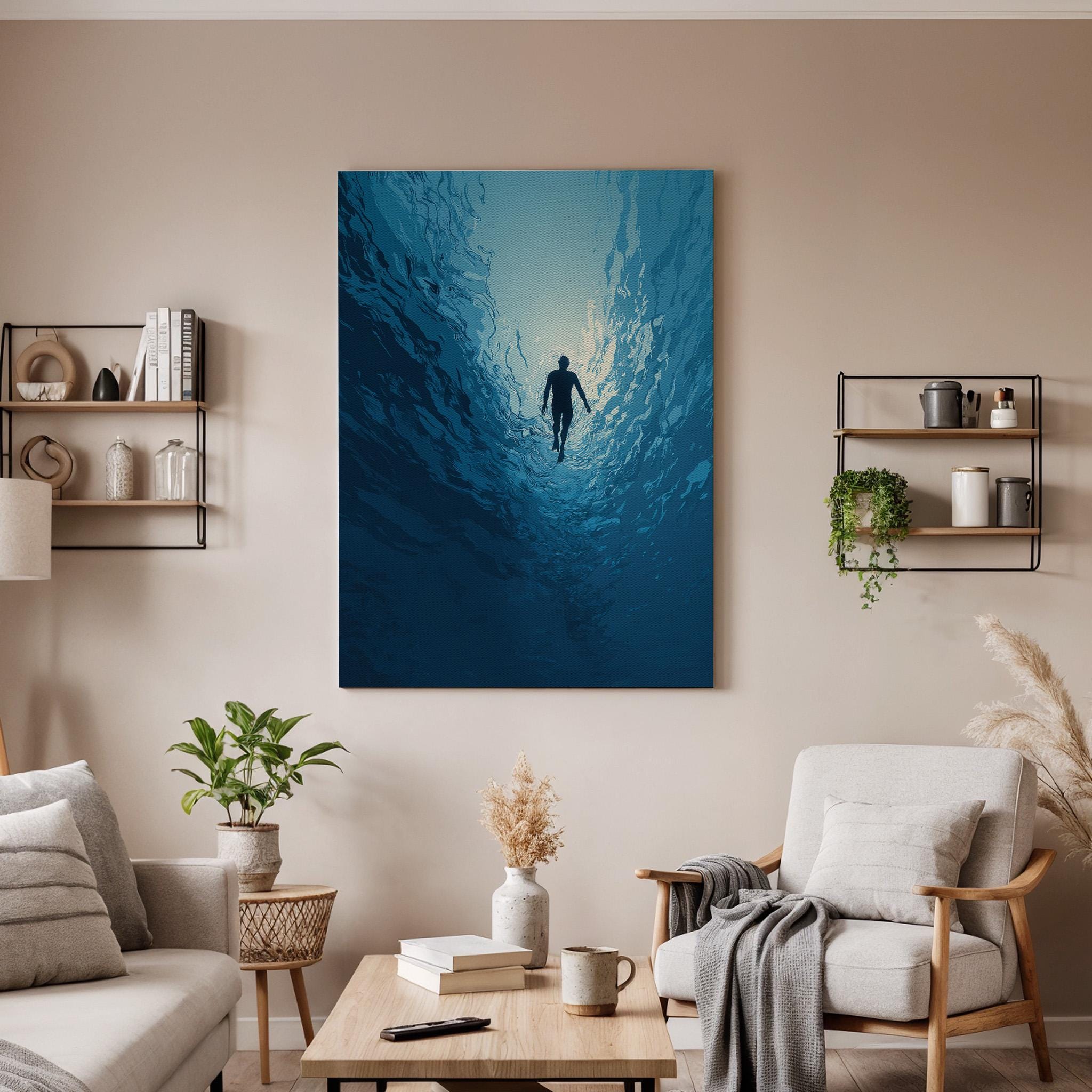 Underwater Ocean Canvas Wall Art, Deep Blue Sea Diver Canvas Decor, Minimalist Ocean Exploration Artwork, Modern Ocean Wall Art, Home Decor