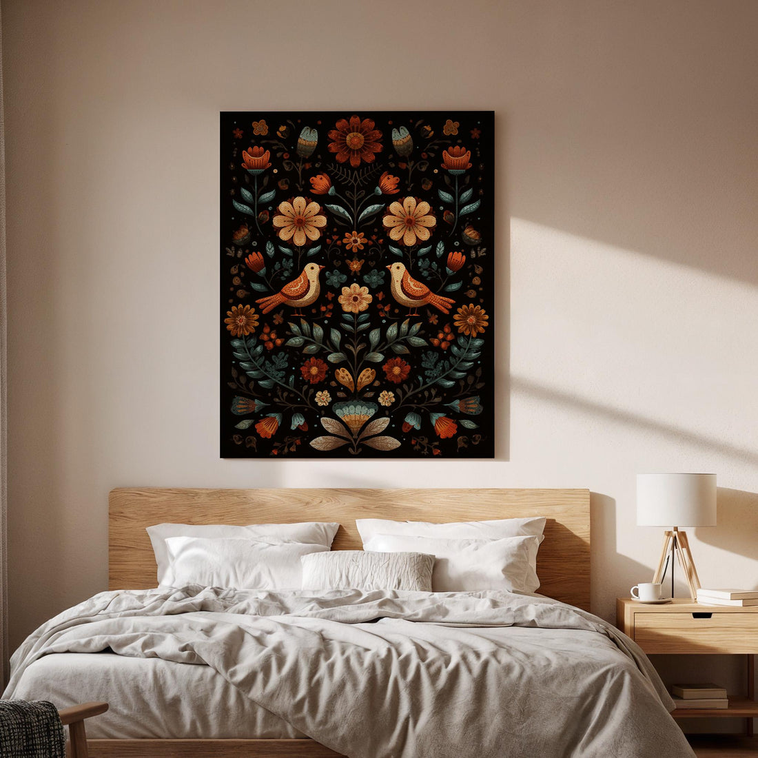 Folk Art Floral Canvas Wall Art, Scandinavian Folk Pattern Canvas Decor, Vintage Botanical Bird Artwork, Nordic Folk Style Wall Art