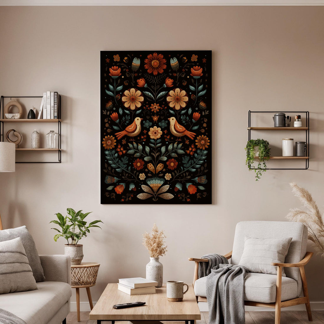 Folk Art Floral Canvas Wall Art, Scandinavian Folk Pattern Canvas Decor, Vintage Botanical Bird Artwork, Nordic Folk Style Wall Art