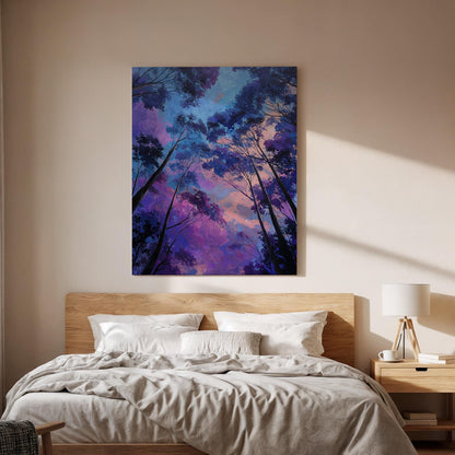 Dreamy Forest Sky Canvas Wall Art, Purple Blue Tree Canopy Canvas Decor, Mystical Nature Landscape Artwork, Modern Forest Wall Art, Home Art