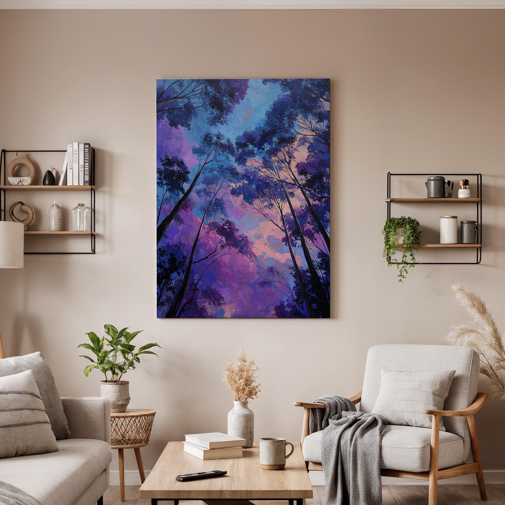 Dreamy Forest Sky Canvas Wall Art, Purple Blue Tree Canopy Canvas Decor, Mystical Nature Landscape Artwork, Modern Forest Wall Art, Home Art