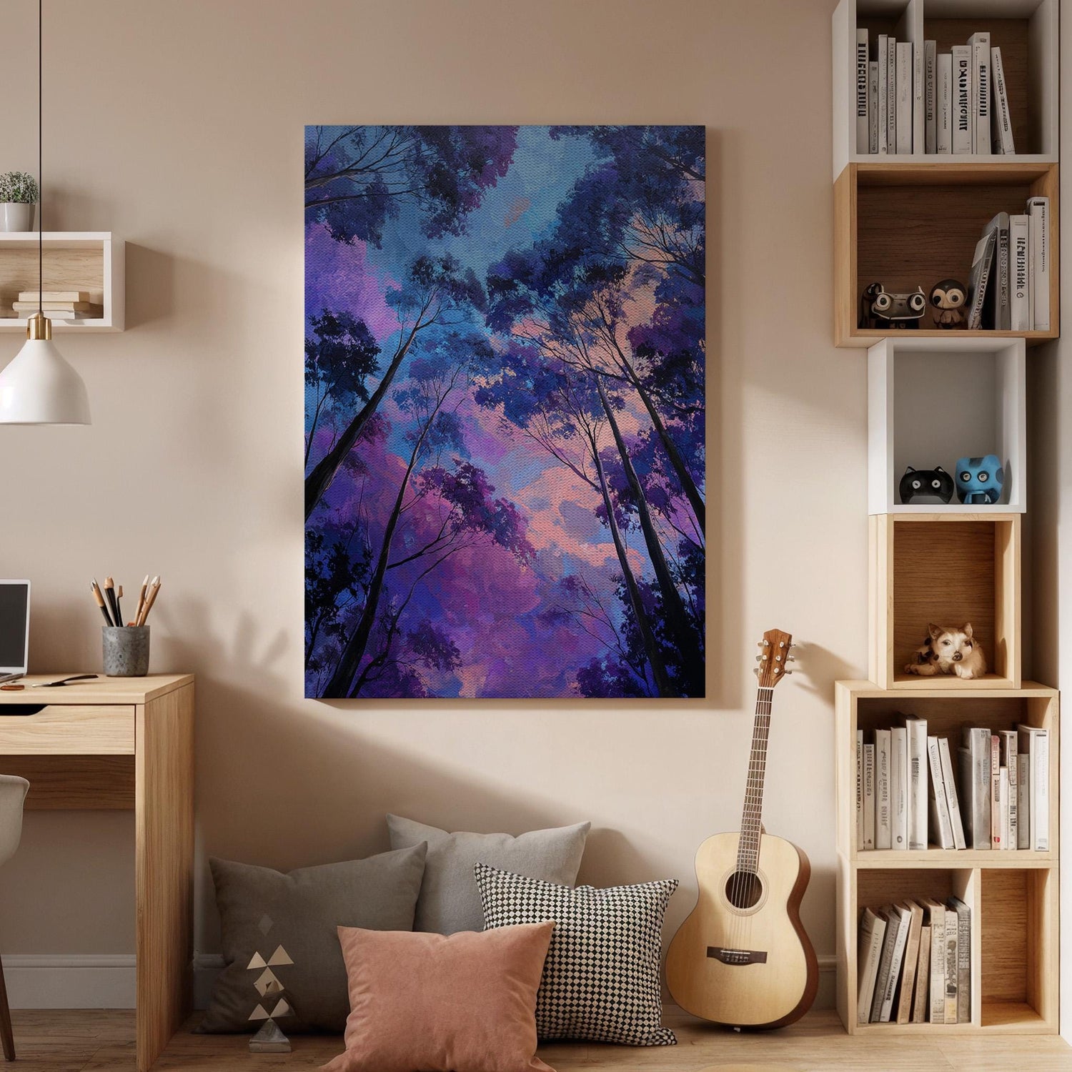 Dreamy Forest Sky Canvas Wall Art, Purple Blue Tree Canopy Canvas Decor, Mystical Nature Landscape Artwork, Modern Forest Wall Art, Home Art