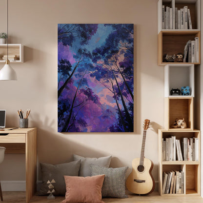 Dreamy Forest Sky Canvas Wall Art, Purple Blue Tree Canopy Canvas Decor, Mystical Nature Landscape Artwork, Modern Forest Wall Art, Home Art