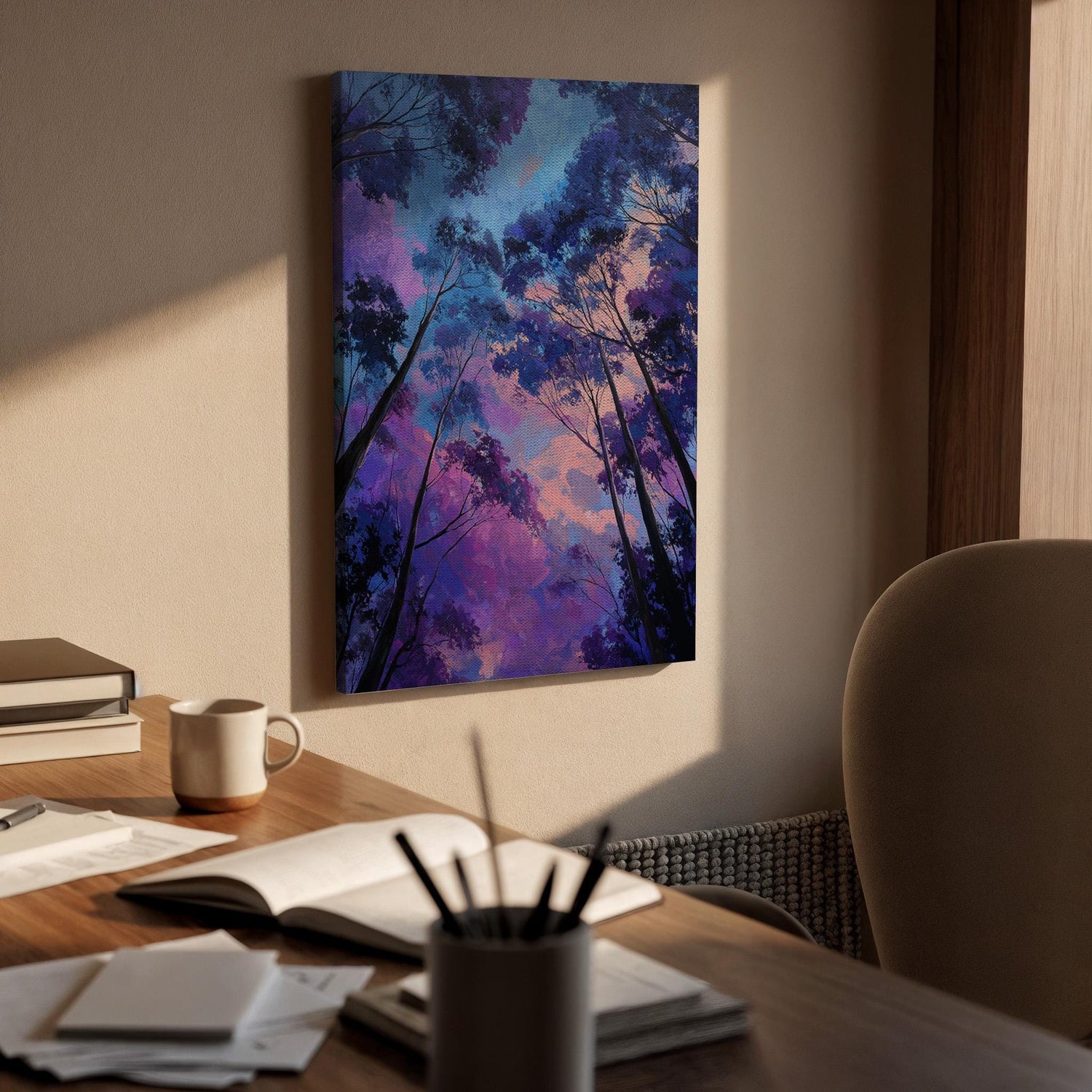 Dreamy Forest Sky Canvas Wall Art, Purple Blue Tree Canopy Canvas Decor, Mystical Nature Landscape Artwork, Modern Forest Wall Art, Home Art