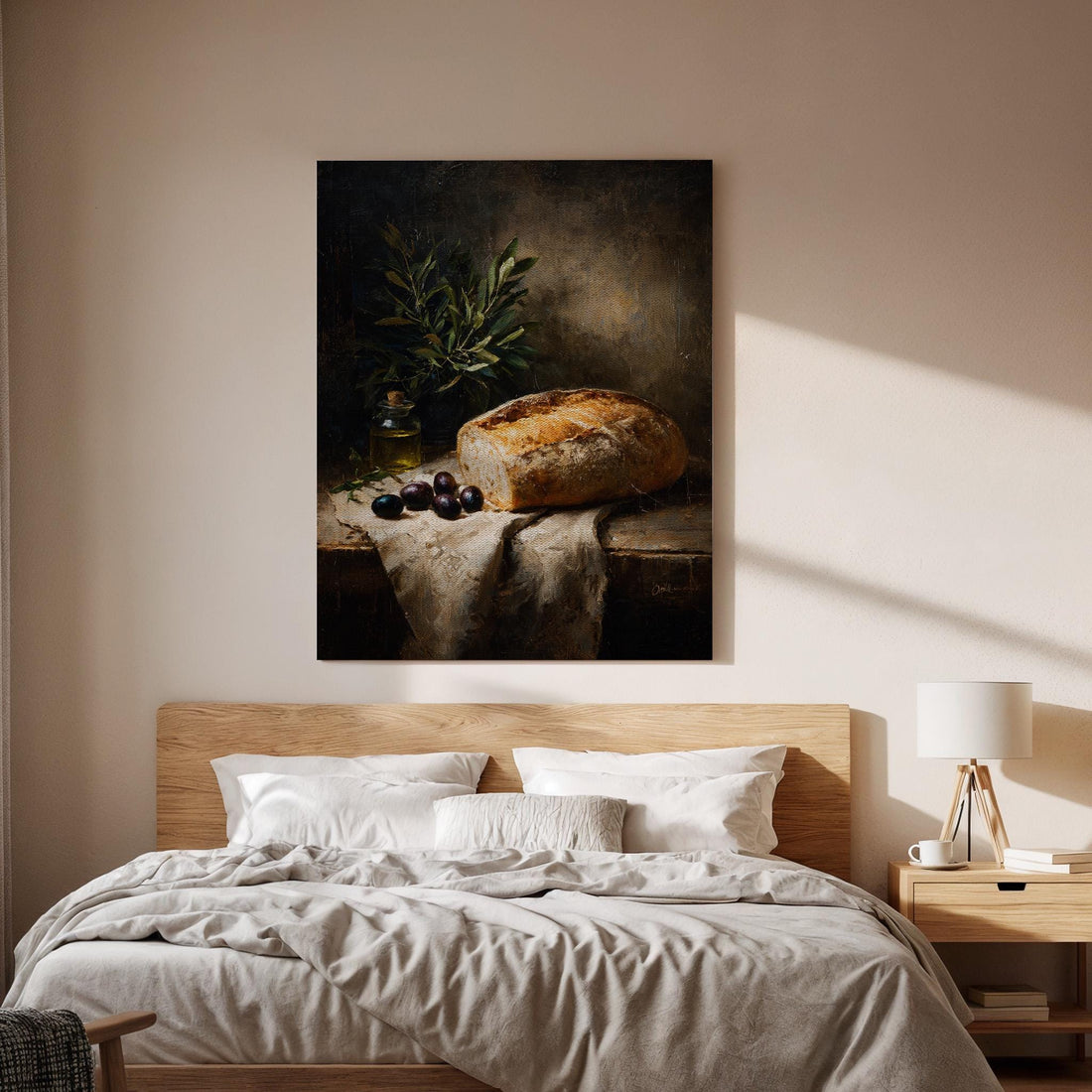 Still Life Canvas Wall Art, Rustic Bread and Olive Oil Decor, Vintage Kitchen Artwork, Mediterranean Still Life Canvas, Olive and Bread Art