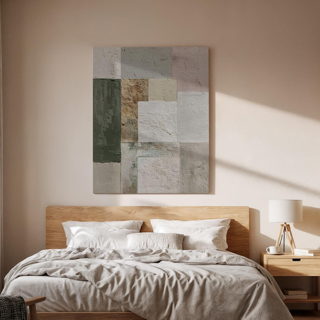 Neutral Abstract Geometric Canvas Wall Art, Modern Textured Canvas Decor, Beige Green Minimalist Wall Artwork, Contemporary Geometric Art