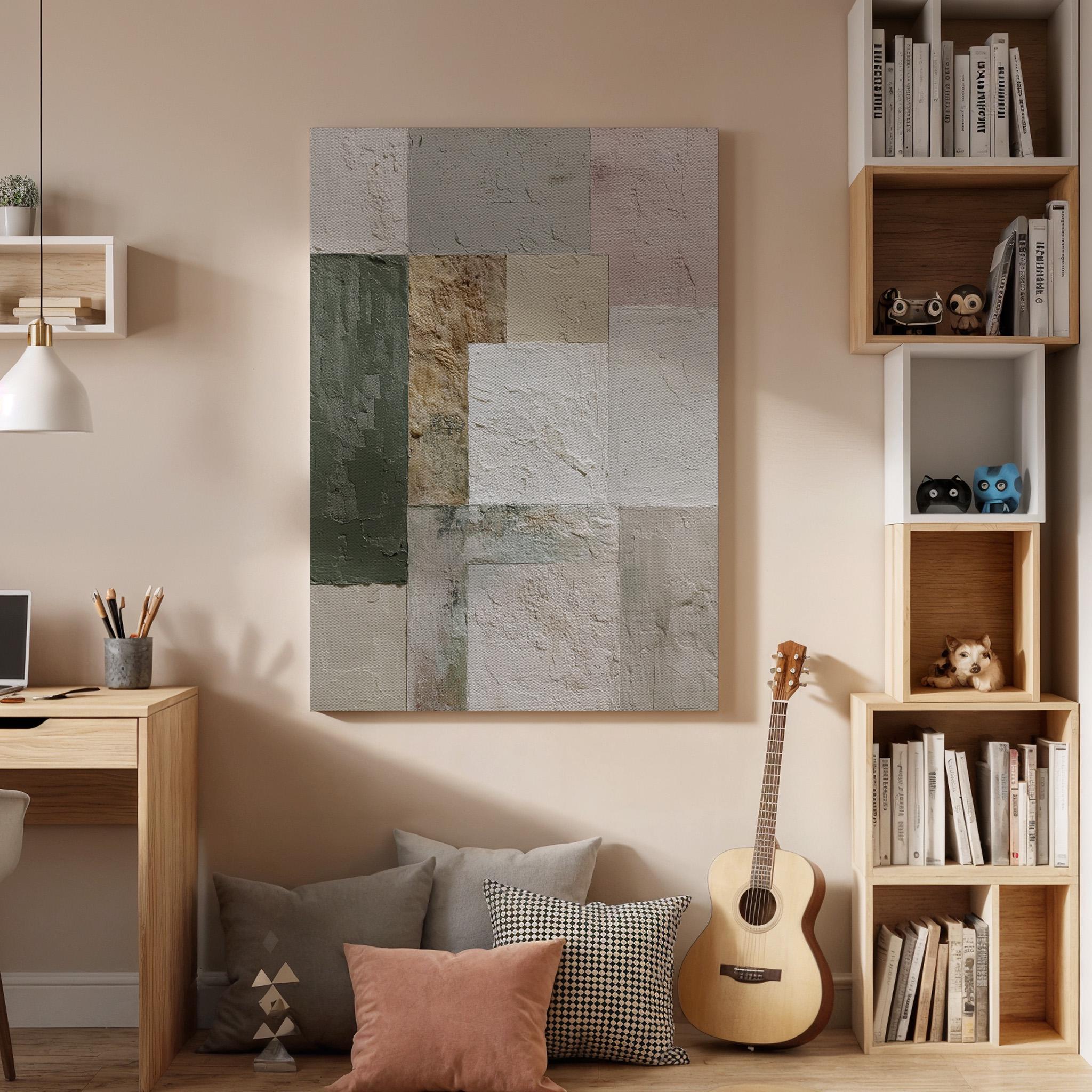 Neutral Abstract Geometric Canvas Wall Art, Modern Textured Canvas Decor, Beige Green Minimalist Wall Artwork, Contemporary Geometric Art