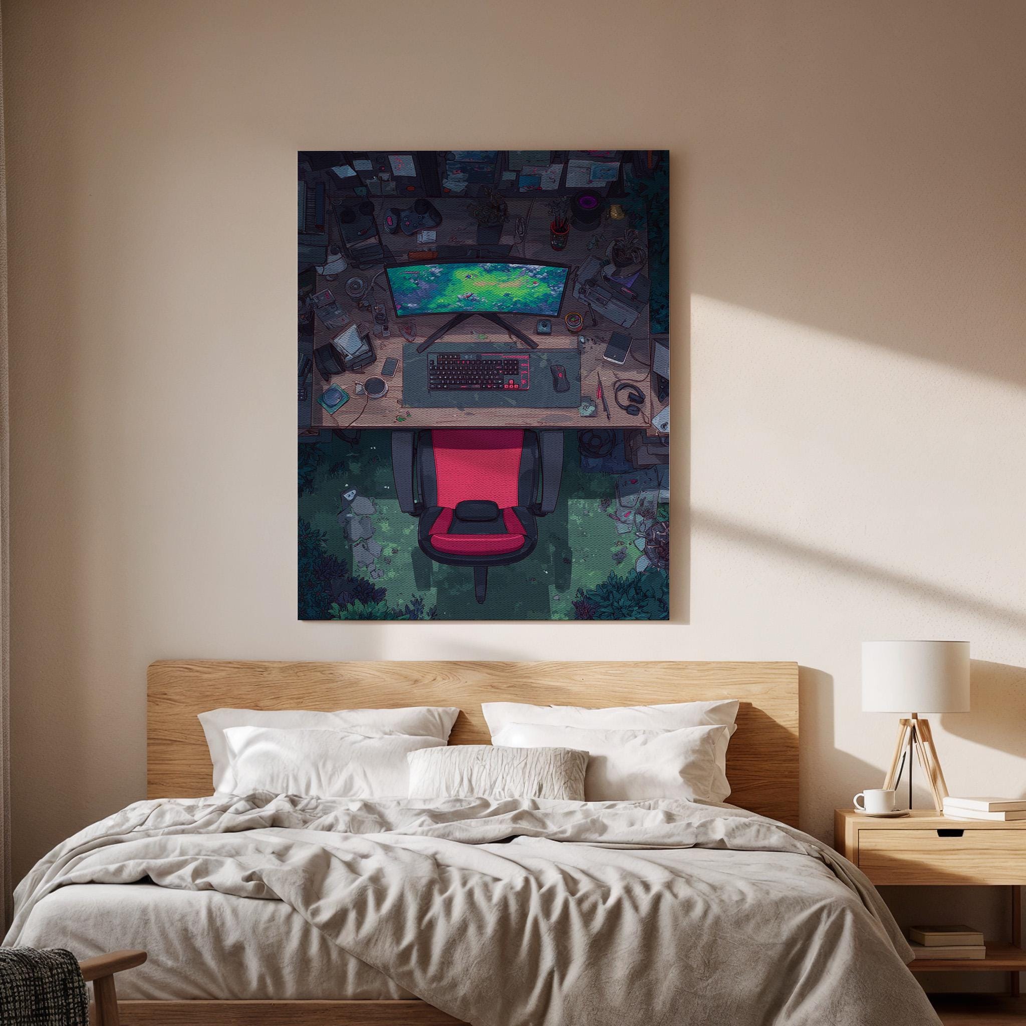 Gamer Desk Canvas Wall Art, Modern Gaming Setup Artwork, Virtual Reality Office Decor, Gaming Room Canvas Art, Tech-Inspired Wall Art