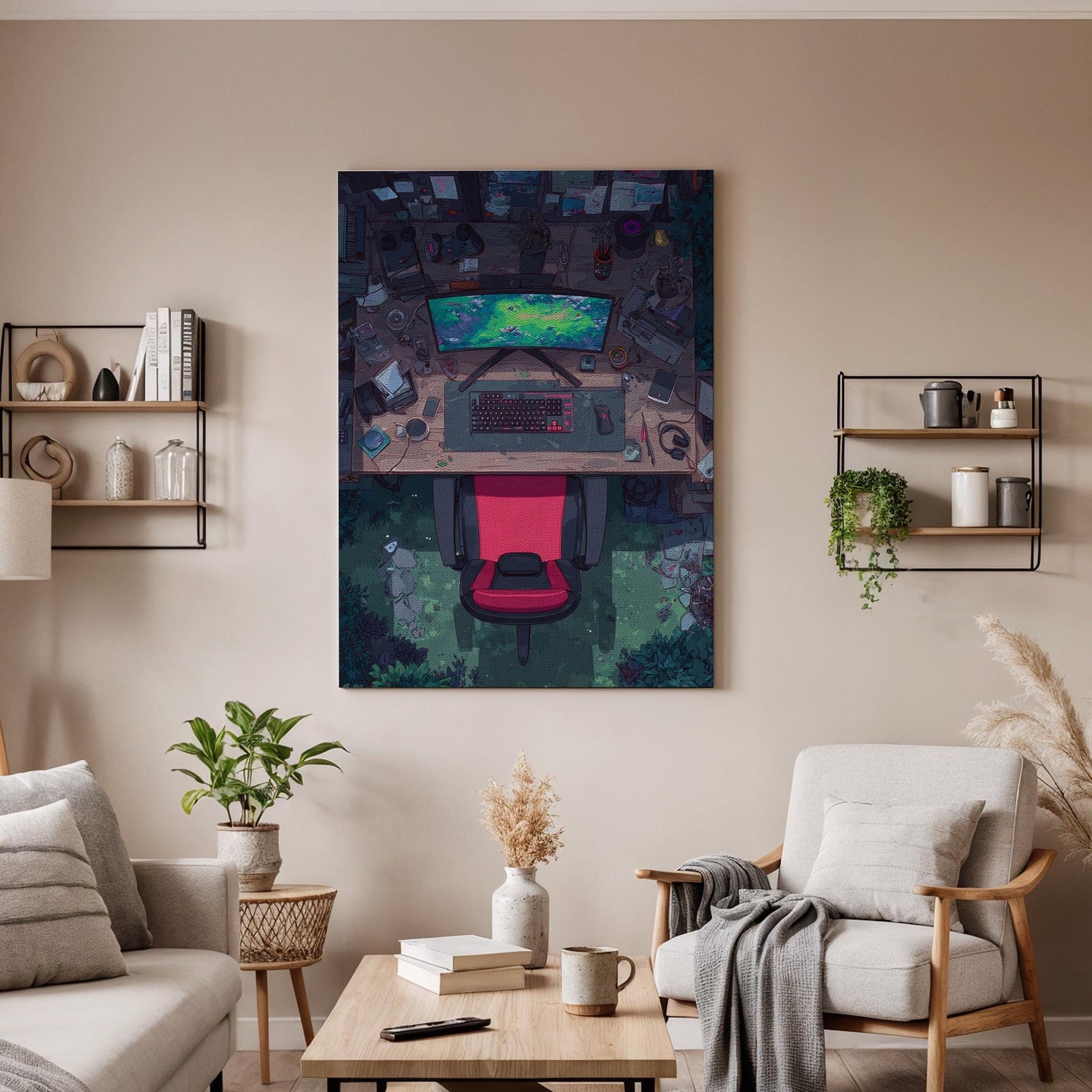 Gamer Desk Canvas Wall Art, Modern Gaming Setup Artwork, Virtual Reality Office Decor, Gaming Room Canvas Art, Tech-Inspired Wall Art