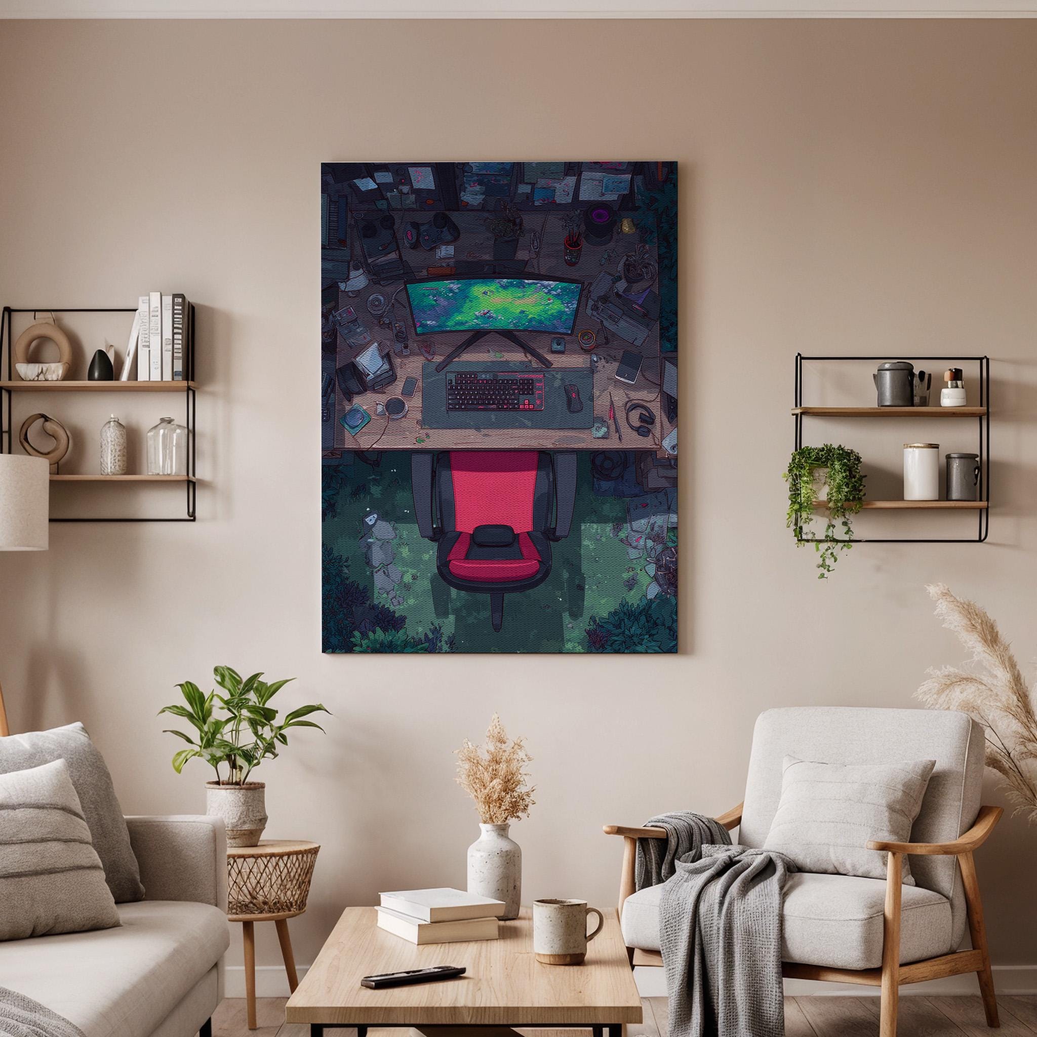 Gamer Desk Canvas Wall Art, Modern Gaming Setup Artwork, Virtual Reality Office Decor, Gaming Room Canvas Art, Tech-Inspired Wall Art