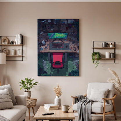 Gamer Desk Canvas Wall Art, Modern Gaming Setup Artwork, Virtual Reality Office Decor, Gaming Room Canvas Art, Tech-Inspired Wall Art