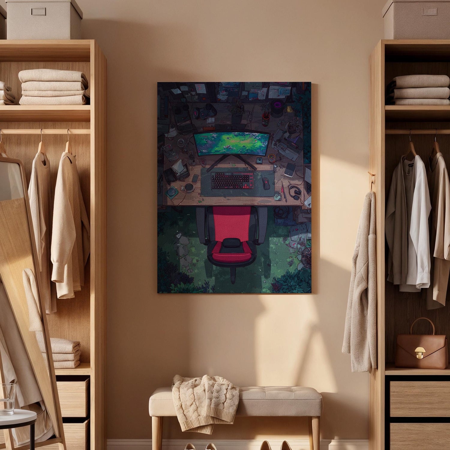 Gamer Desk Canvas Wall Art, Modern Gaming Setup Artwork, Virtual Reality Office Decor, Gaming Room Canvas Art, Tech-Inspired Wall Art