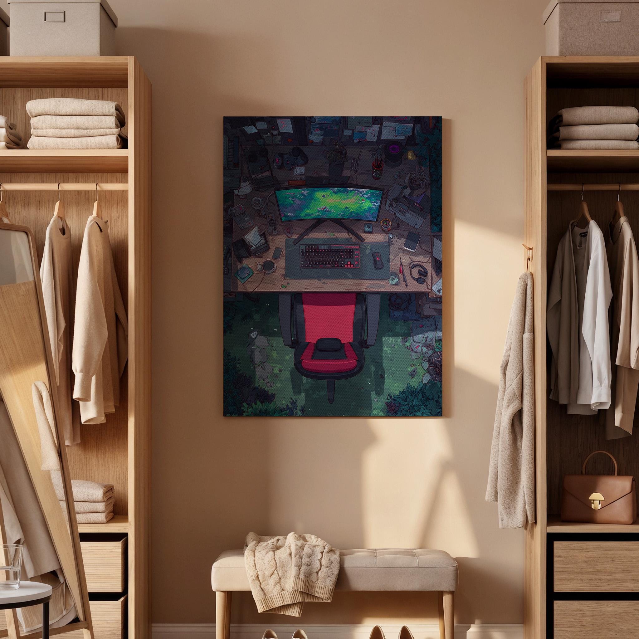 Gamer Desk Canvas Wall Art, Modern Gaming Setup Artwork, Virtual Reality Office Decor, Gaming Room Canvas Art, Tech-Inspired Wall Art