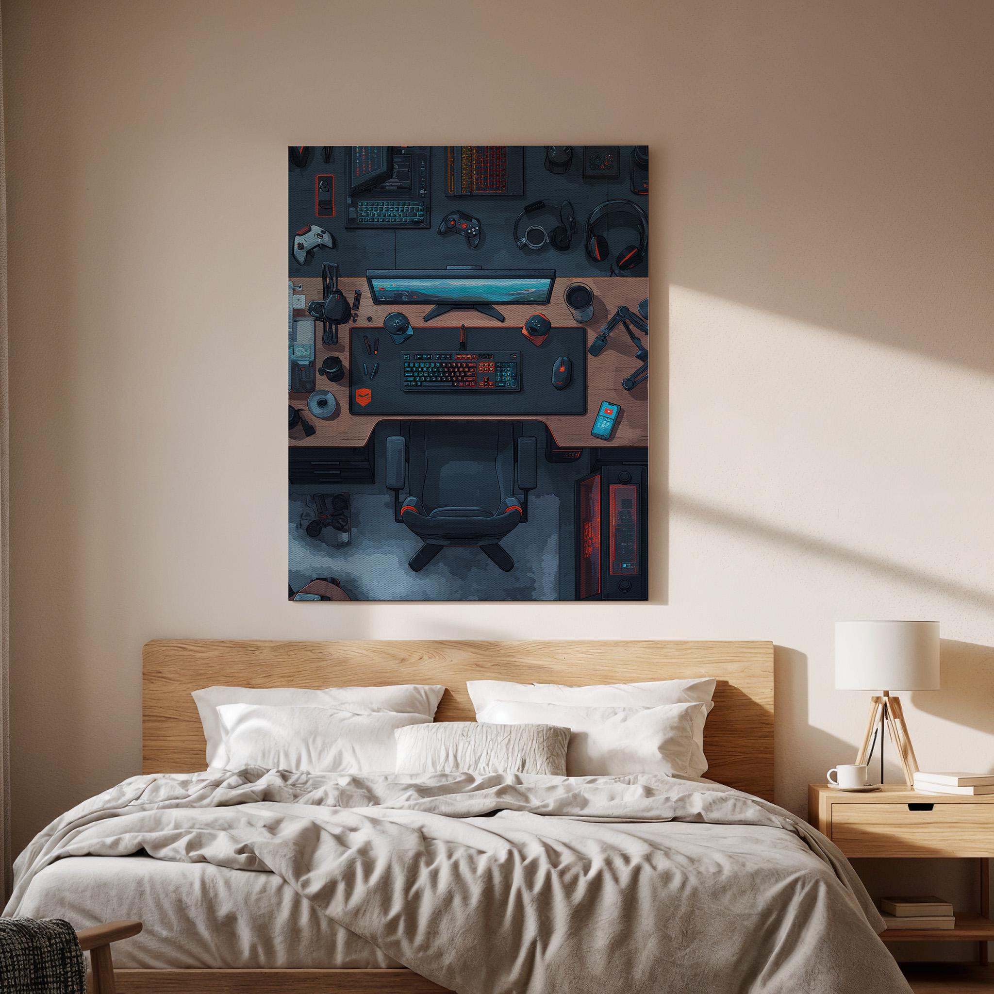 Gamer Desk Canvas Wall Art, Modern Gaming Setup Artwork, VR Gaming Room Decor, Tech-Inspired Gaming Office Art, Gaming Workspace Canvas