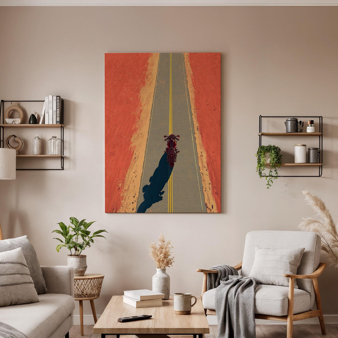 Motorcycle Road Canvas Wall Art, Retro Biker Road Trip Artwork, Desert Highway Motorcycle Art, Motorcycle Adventure Decor, Road Trip Canvas