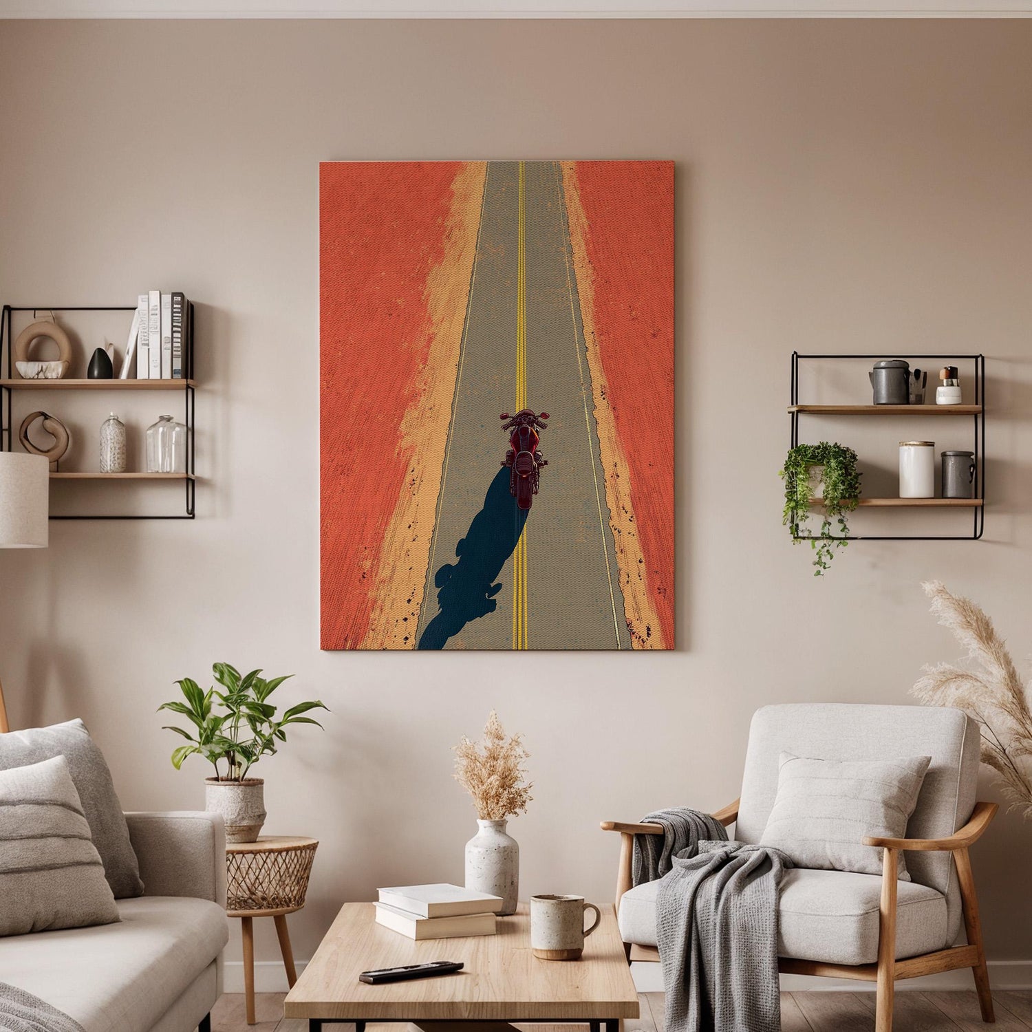 Motorcycle Road Canvas Wall Art, Retro Biker Road Trip Artwork, Desert Highway Motorcycle Art, Motorcycle Adventure Decor, Road Trip Canvas