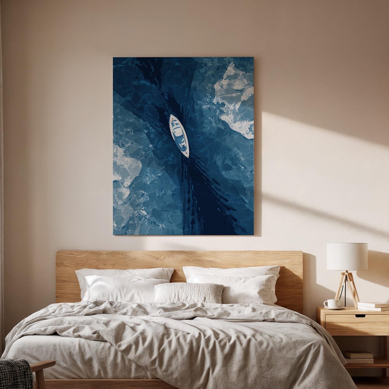 Boat on Water Canvas Wall Art, Aerial View of Boat on Water, Minimalist Ocean Canvas Decor, Boating Adventure Wall Art, Abstract Ocean Art
