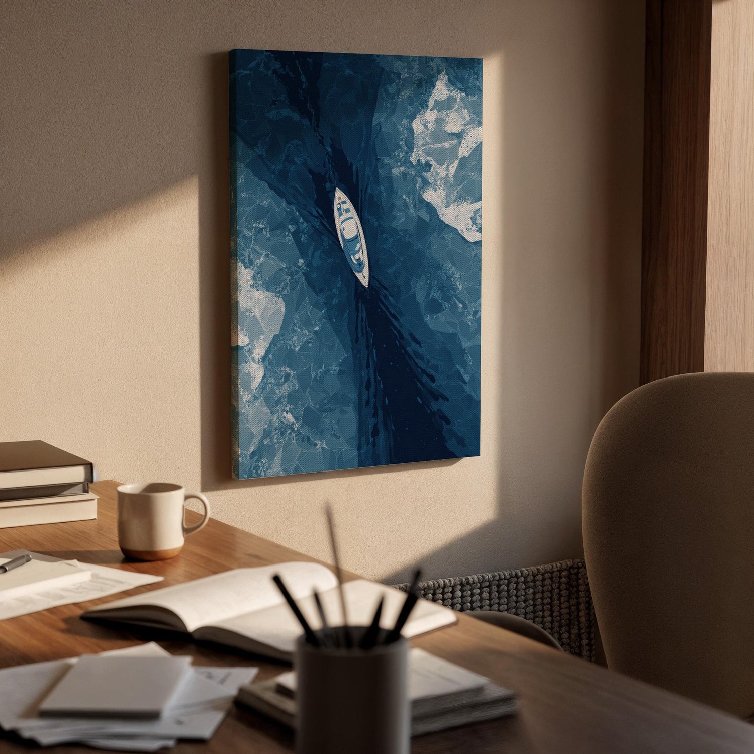 Boat on Water Canvas Wall Art, Aerial View of Boat on Water, Minimalist Ocean Canvas Decor, Boating Adventure Wall Art, Abstract Ocean Art